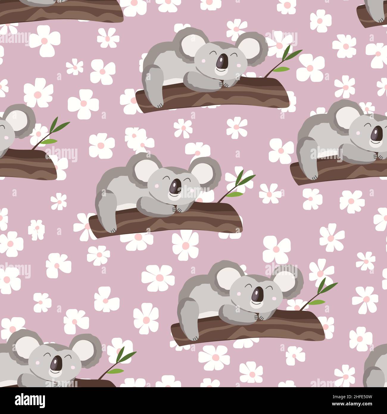 Seamless pattern with cute koala baby and flowers on color background ...