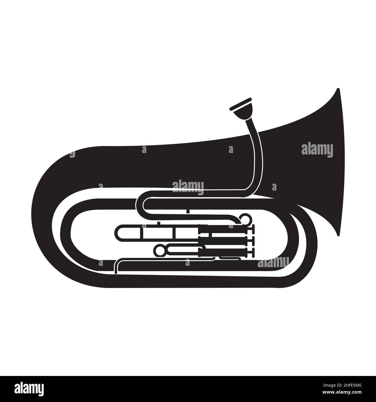 musical wind instrument tuba, black stencil isolated vector