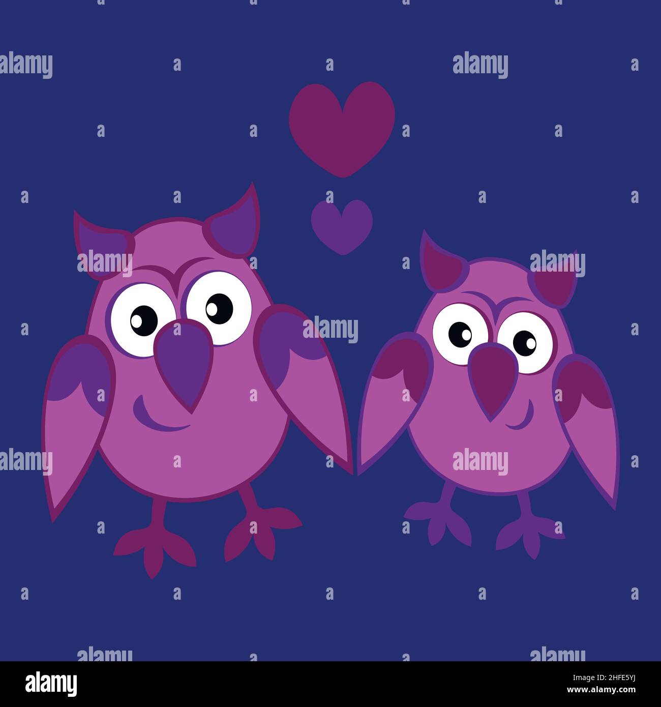 Illustration on a square background - two owls in love with hearts ...