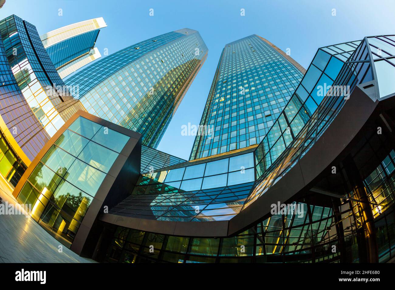 perspective of skyscrapers in Frankfurt under blue sky Stock Photo - Alamy