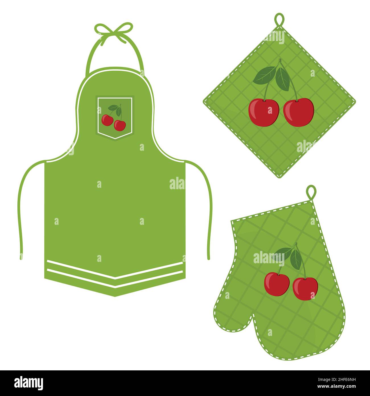 Oven mitt and oven mitt and apron hanging on the rack on hooks, color