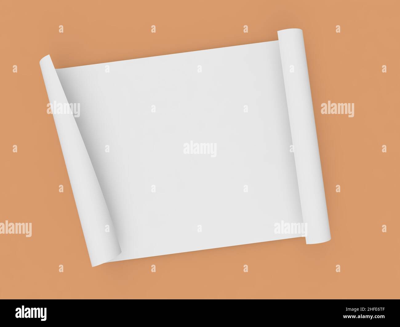 Rolled roll of A4 size office paper on orange background. 3d render illustration. Stock Photo