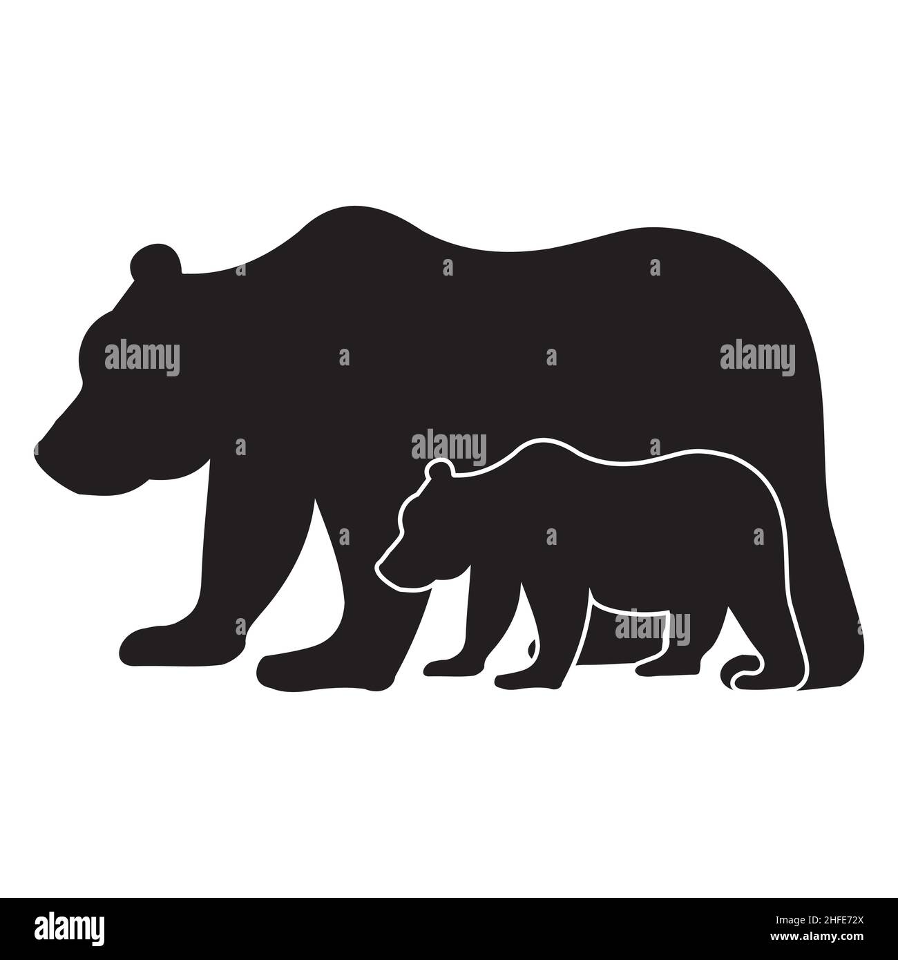 Wild Animal Big bear with a small bear cub, black isolated silhouette icon. Stock Vector