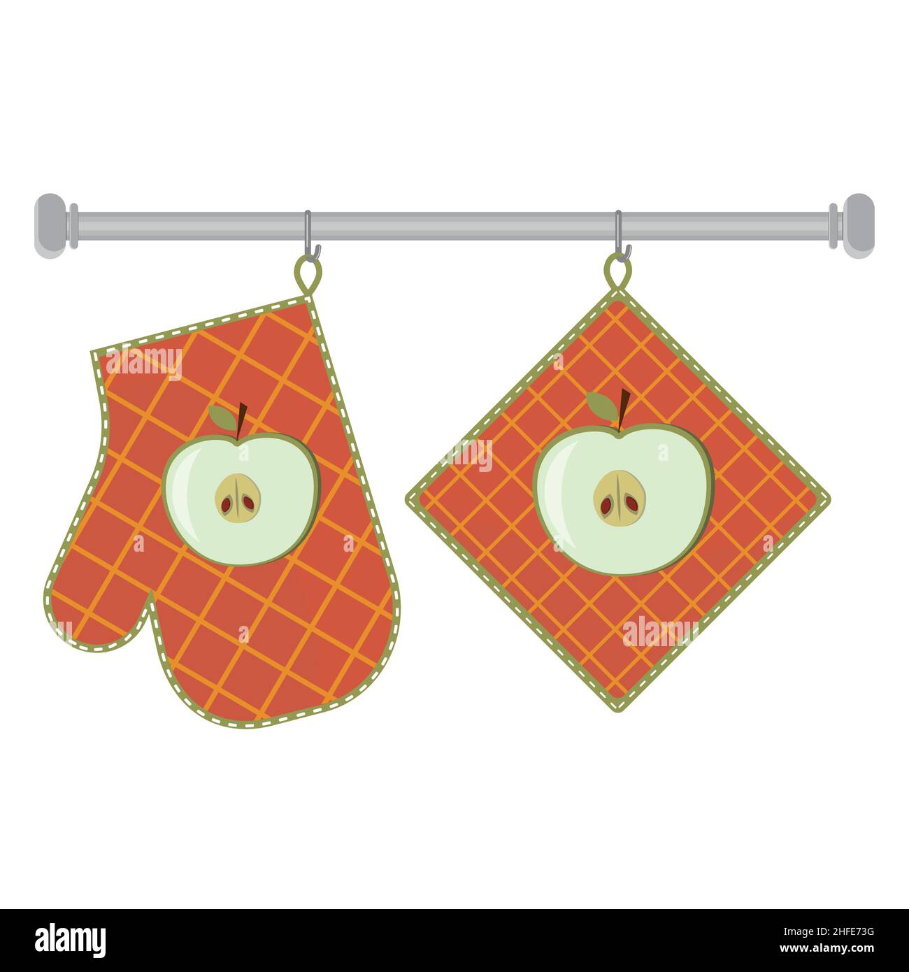 Oven mitt and oven mitt hanging on the rack on hooks, color isolated