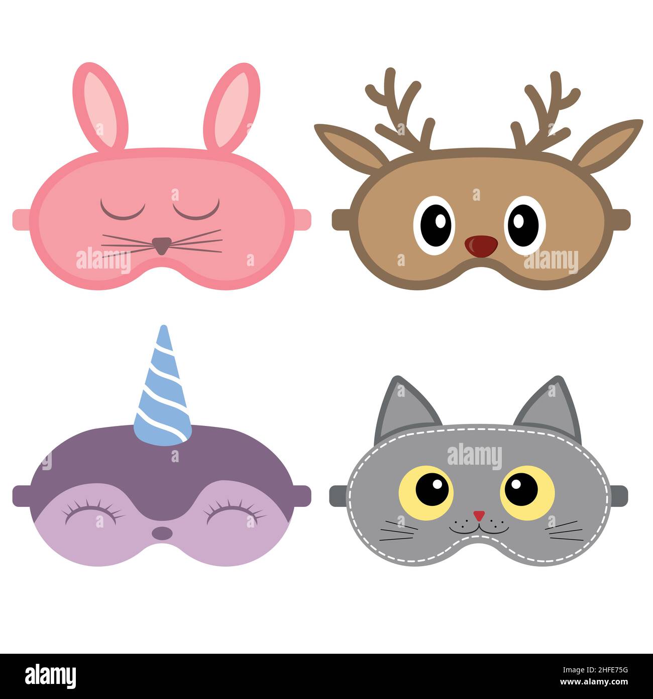 set of sleeping mask with cute animal faces, isolated vector illustration. Stock Vector