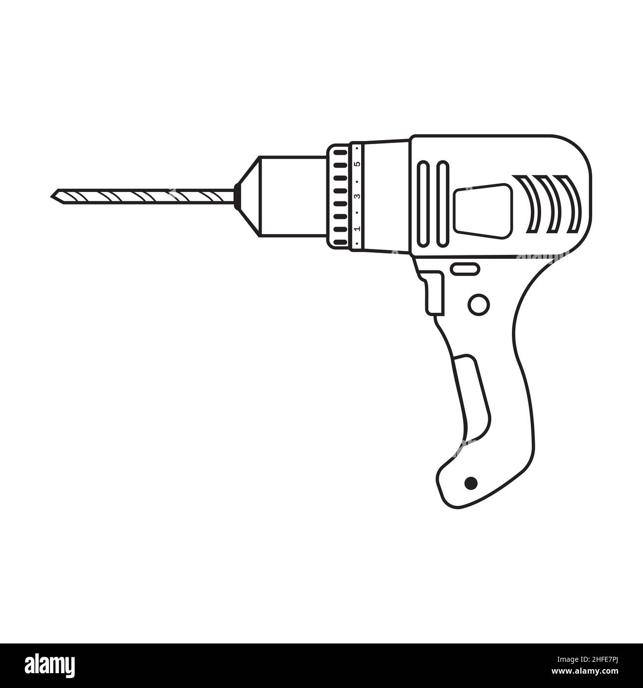 Construction tool drill, black outline on a white background, vector
