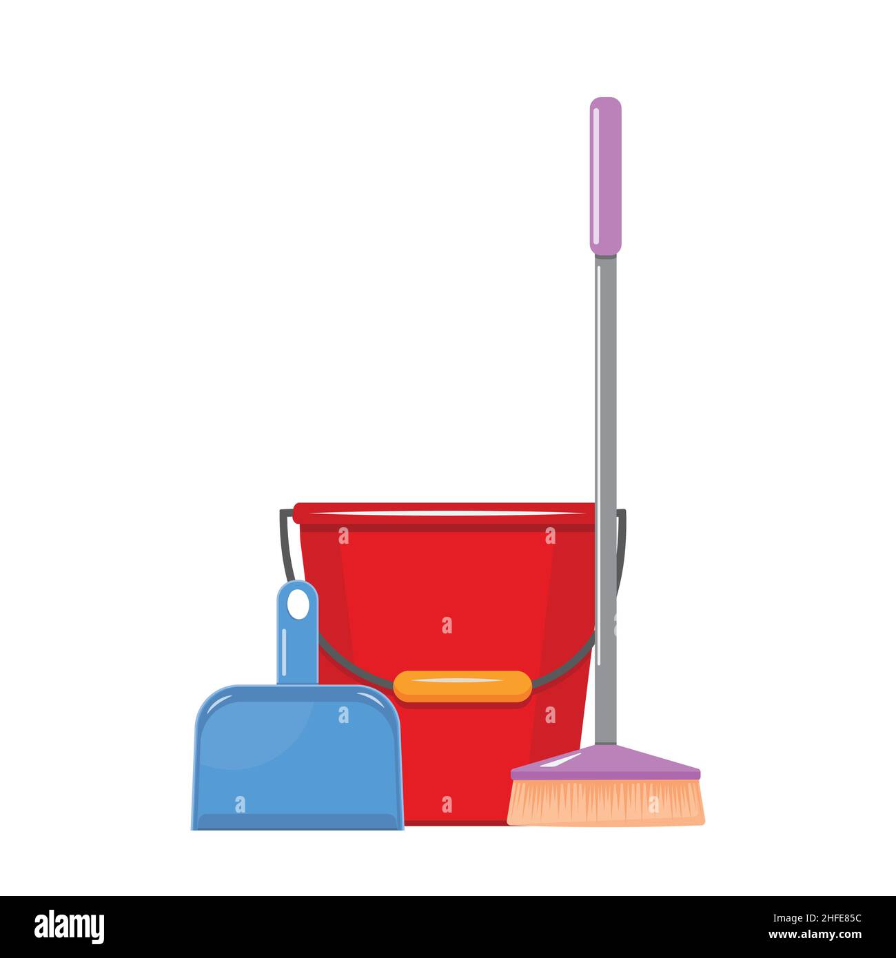 bucket brush and dustpan, vector color isolated illustration Stock