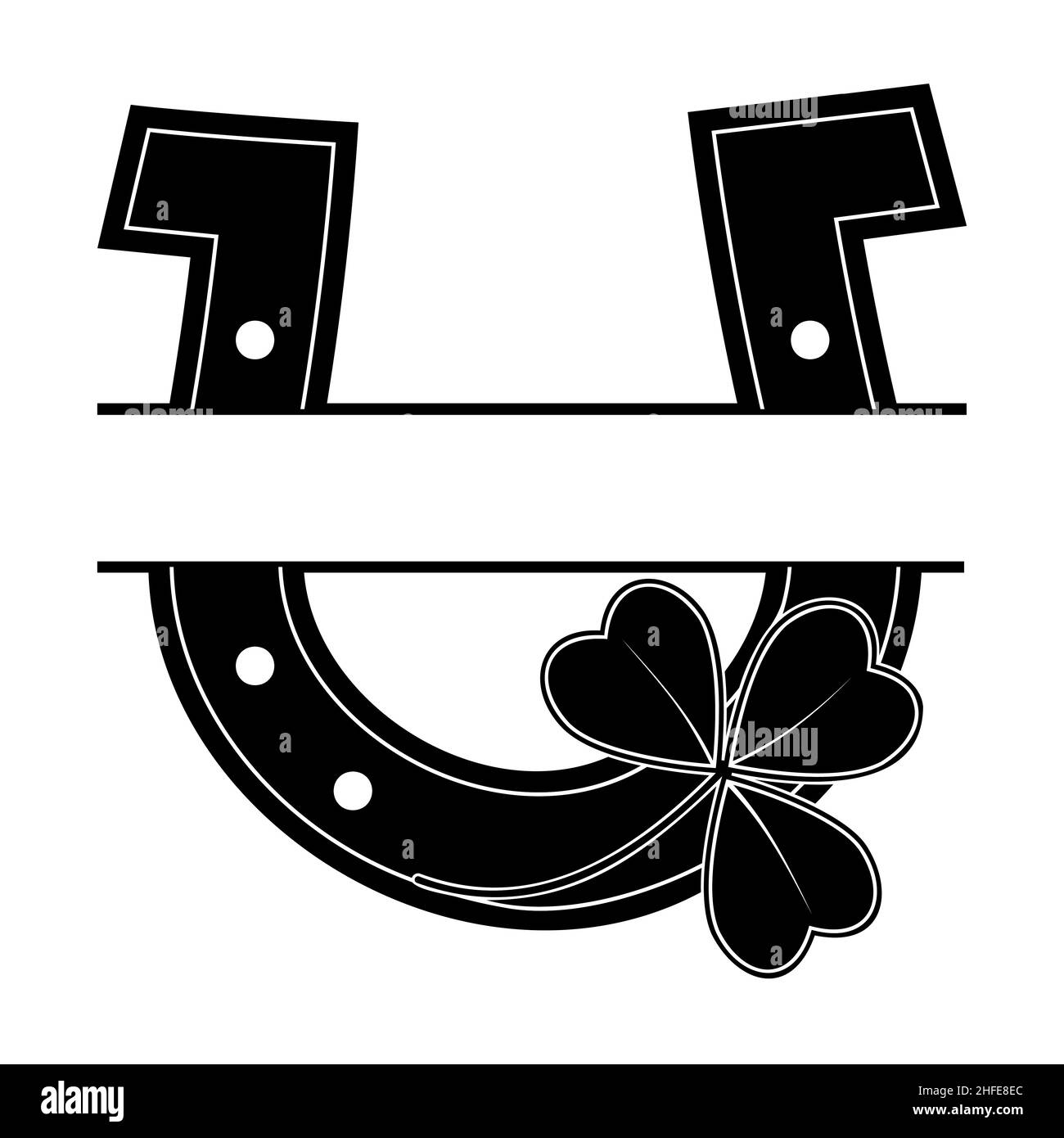 Set of horseshoe for luck and clover, black outline Stock Vector