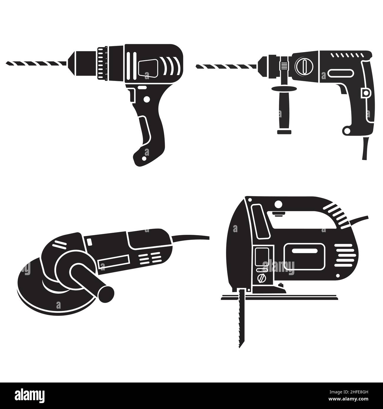 construction tools set electric drill hammer and grinder, black icon