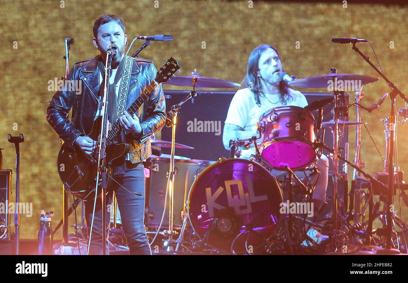 Inglewood, USA. 15th Jan, 2022. INGLEWOOD, CALIFORNIA - JANUARY 15: (L-R)  Caleb Followill and Nathan Followill of Kings Of Leon perform onstage  during iHeartRadio ALTer EGO presented by Capital One at The