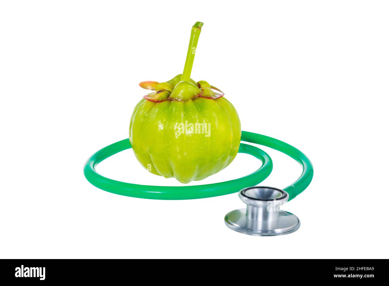 Garcinia cambogia fresh fruit and stethoscope, isolated on white. Garcinia atroviridis is a spice plants and high vitamin C and hydroxy citric acids ( Stock Photo