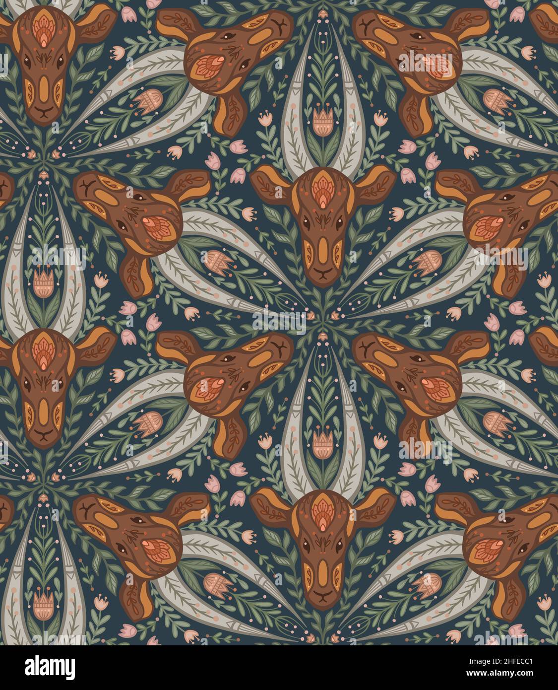 Seamless pattern with antelope heads with folk art. Gazelle with floral ornament. Kaleidoscope with animals with natural decorations on a dark backgro Stock Photo