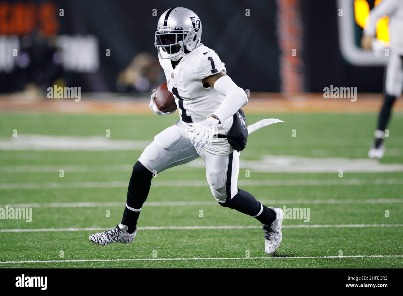 Las Vegas Raiders wide receiver DeSean Jackson (1) runs with the ball after  catching a pass during an NFL Wild-Card Playoff football game against the  Stock Photo - Alamy