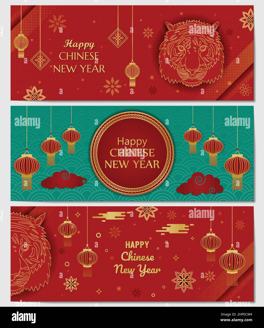 Happy Chinese New Year Tiger Banner Collection set of 3 Wallpaper Traditional Chinese golden red background frame greeting with lanterns and clouds Stock Vector