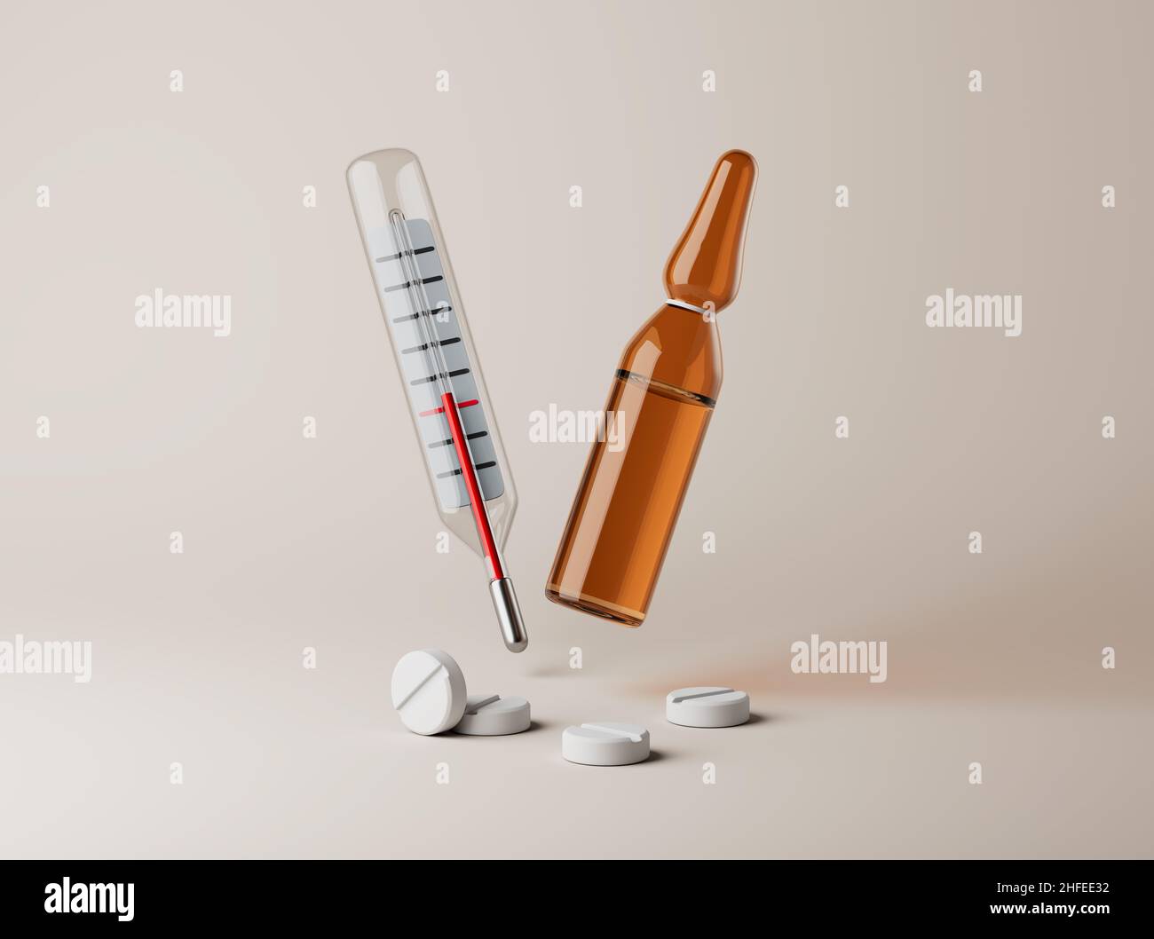 Simple thermometer, ampule and pills on floor 3d render illustration. Isolated object on background. Stock Photo