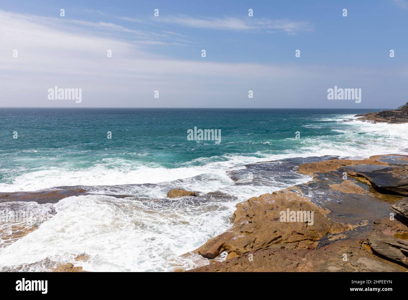 Curl Curl boardwalk renamed Harry Eliffe Way between Curl Curl and Freshwater Sydney gives dramatic coastal views, tsunami warning issued today jan 22 Stock Photo