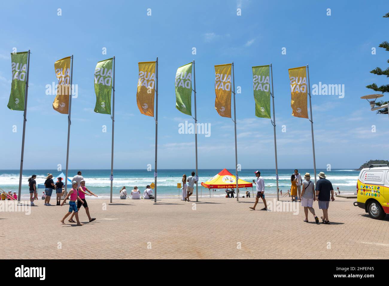 Manly Beach Sydney, council banners promoting Australia Day on 26th January 2022, surf rescue tent on the beach,Sydney,Australia Stock Photo