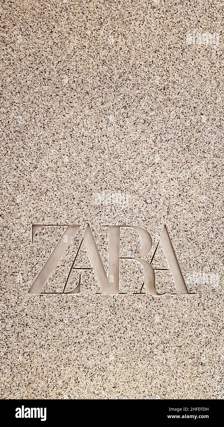 New logo for a fashion brand in a shopping center. Zara store. Spanish  clothing and accessories retailer. Vertical photography as wallpaper for  your p Stock Photo - Alamy