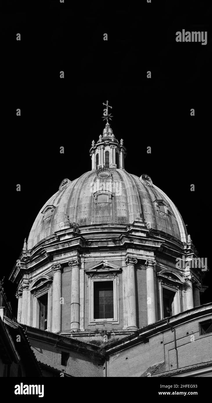 Sant'Andrea della Valle (Saint Andrew) beautiful baroque dome in Rome, completed by famous architect Carlo Maderno in 1608 (Black and White with copy Stock Photo