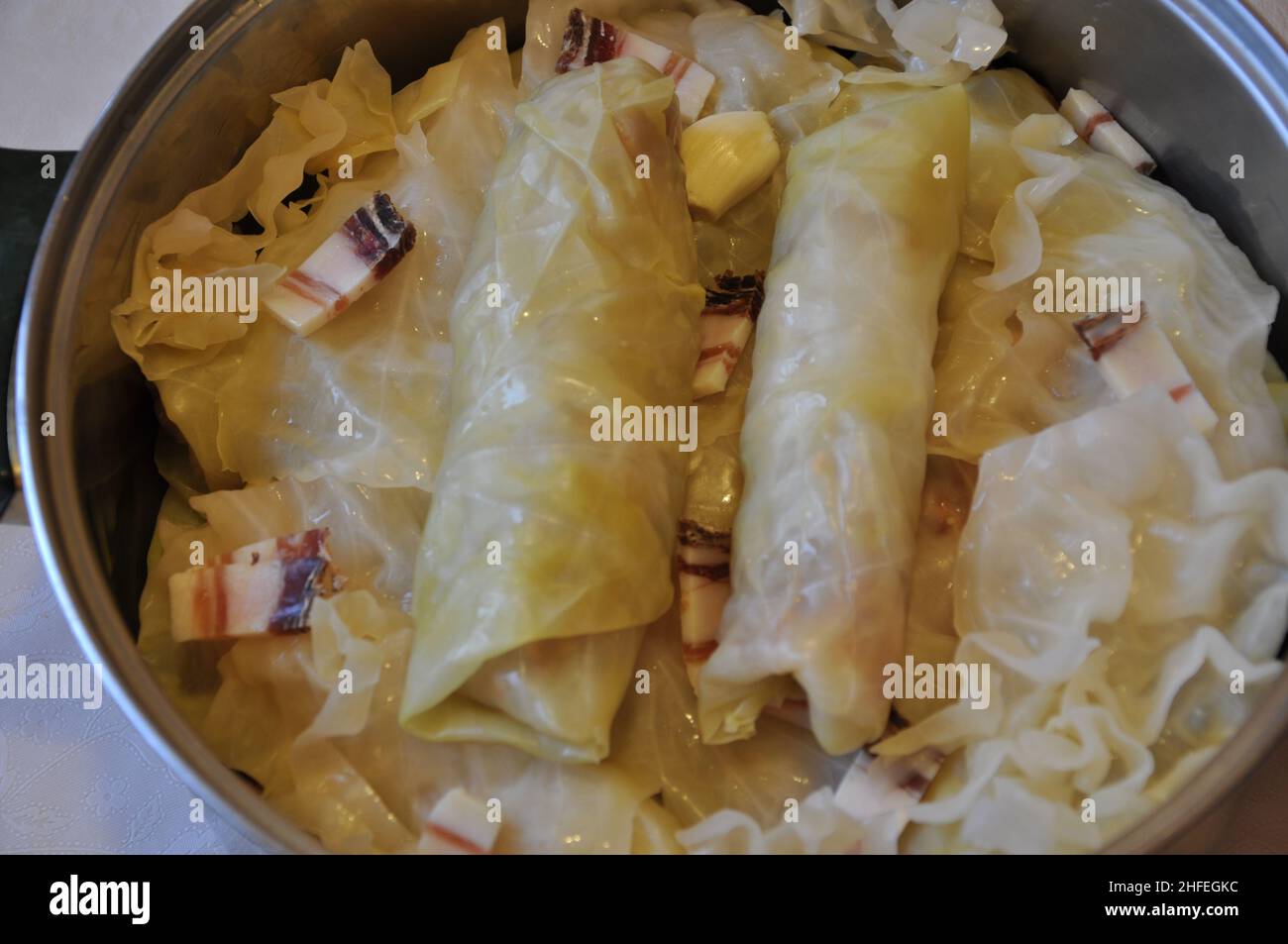 Sarma rolls, traditional Croatian meal, stuffed fermented cabbage leaves with minced meat.Sarma - Pickled cabbage leaves stuffed with minced meat and Stock Photo
