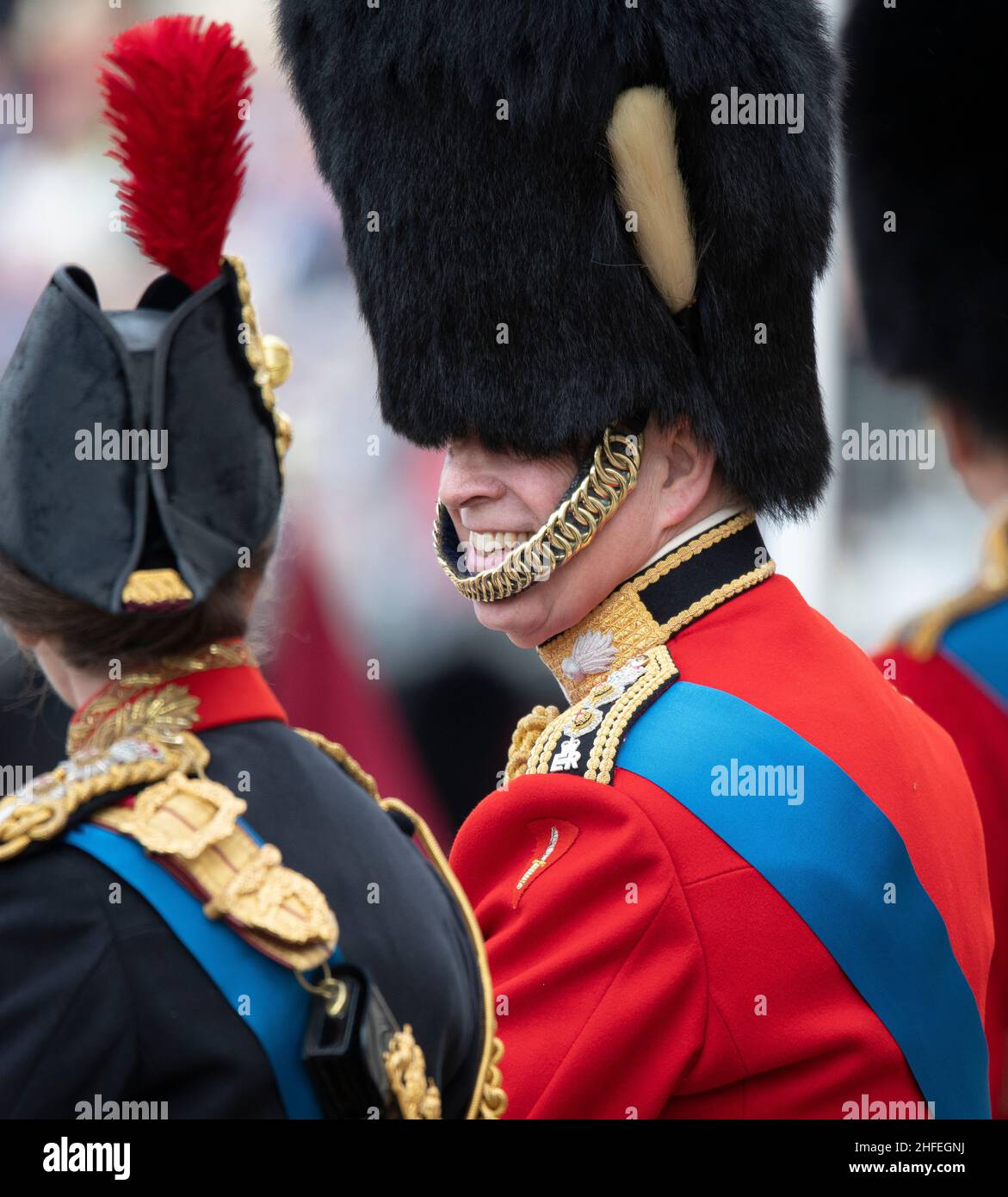 Horse Guards Parade, London, UK. 8 June 2019. Prince Andrew, Duke of York, wearing Colonel in Chief Grenadier Guards uniform, attends the  Queens Birthday Parade 2019, or Trooping the Colour. Seen here taking to The Princess Royal and smiling. Credit: Malcolm Park/Alamy Stock Photo
