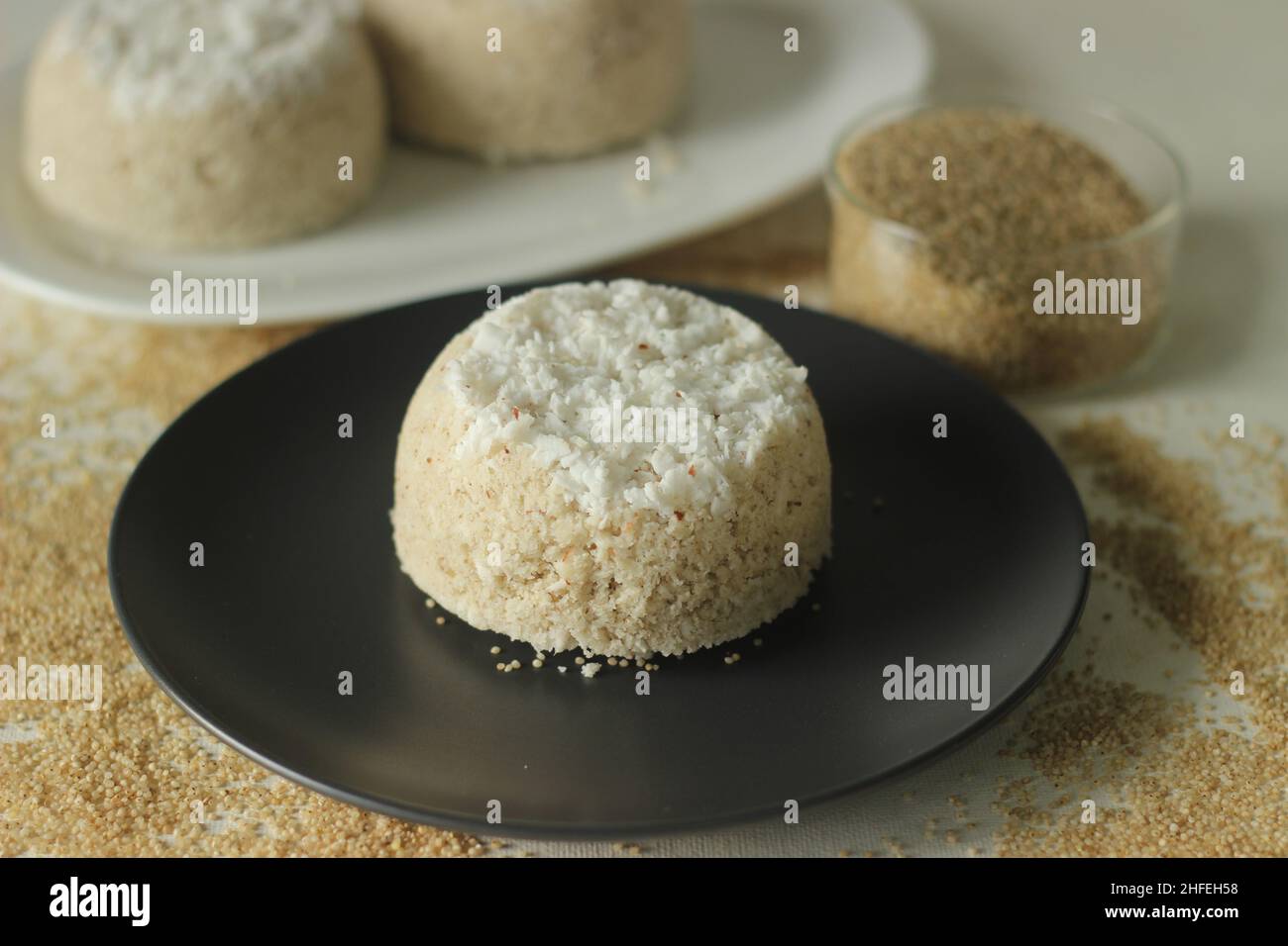 Steamed barnyard millet flour cake or barnyard millet puttu. A variety