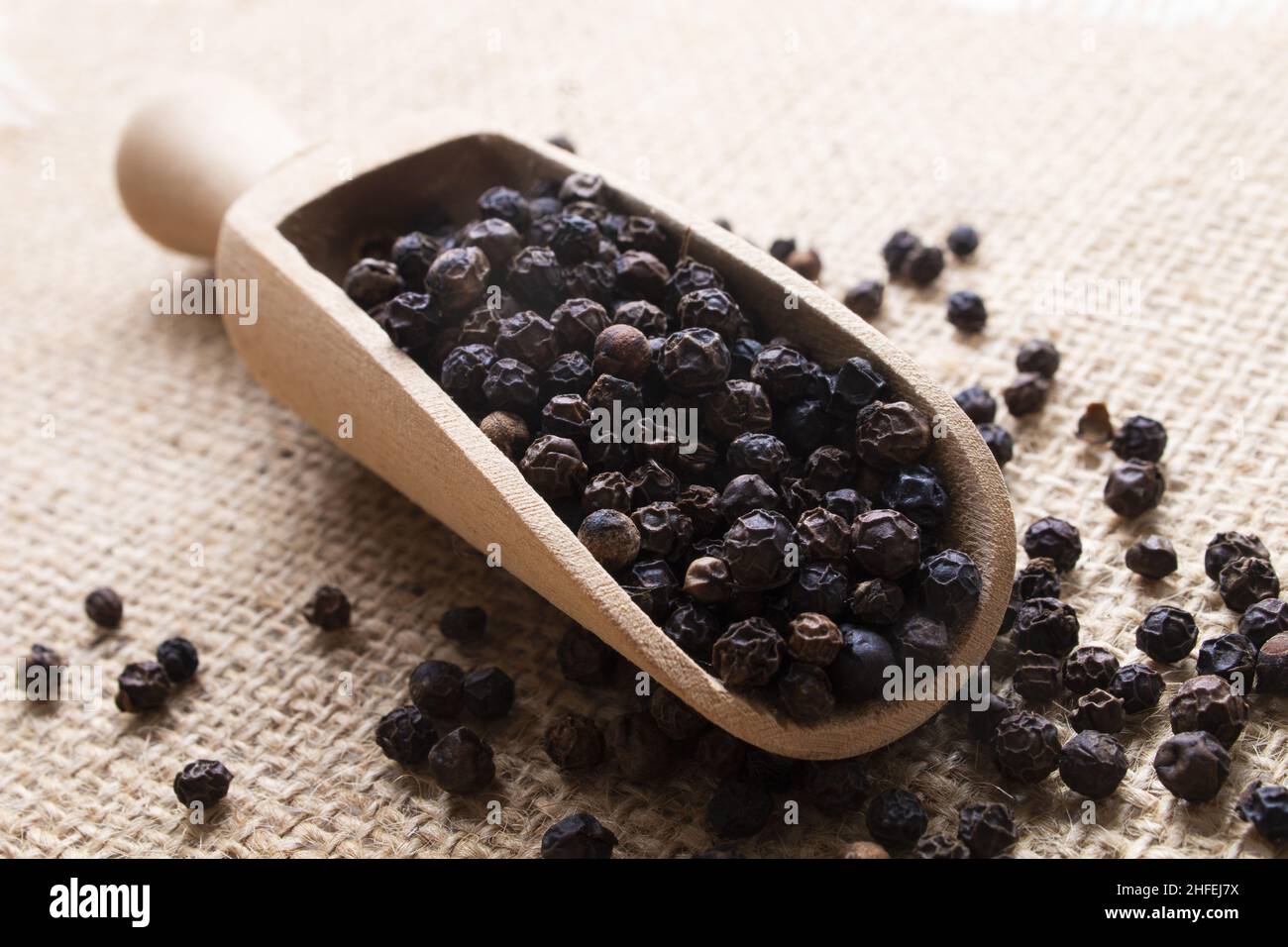black peppercorns and a small wooden scoop Stock Photo