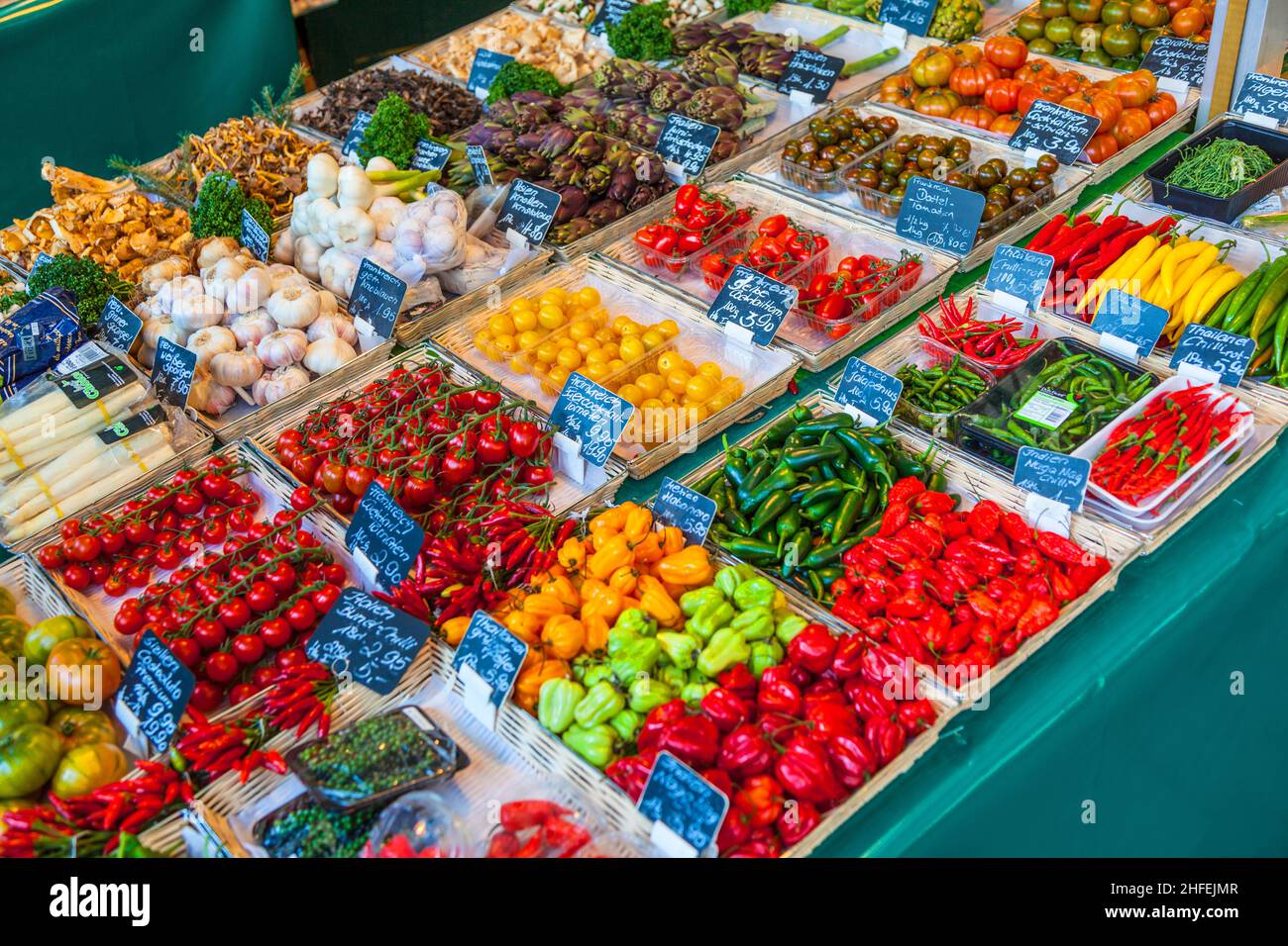 fresh vegetables and fruits offered at the victualien market in Munich