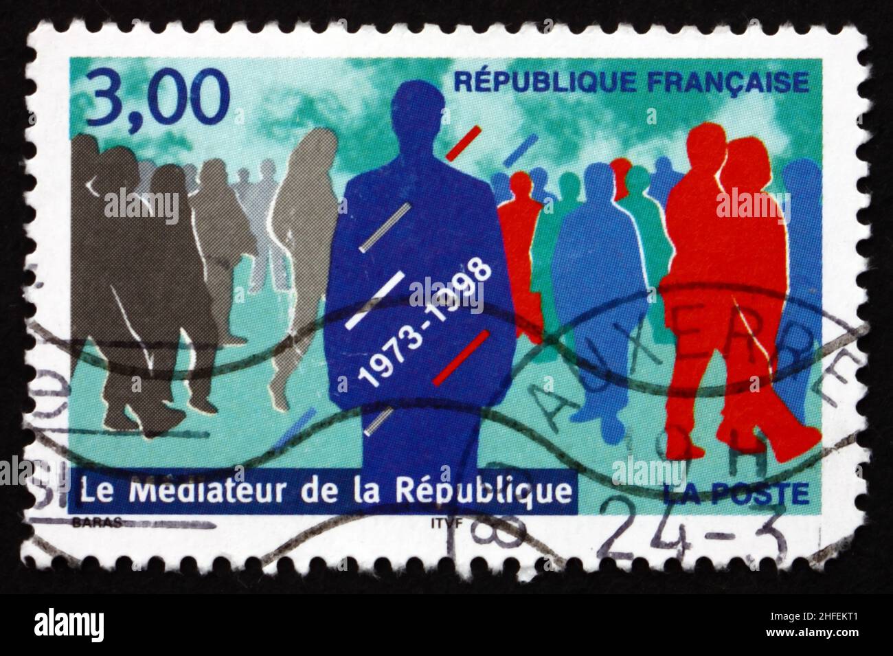 FRANCE - CIRCA 1998: a stamp printed in the France shows Office of Mediator of the Republic, 25th Anniversary, circa 1998 Stock Photo