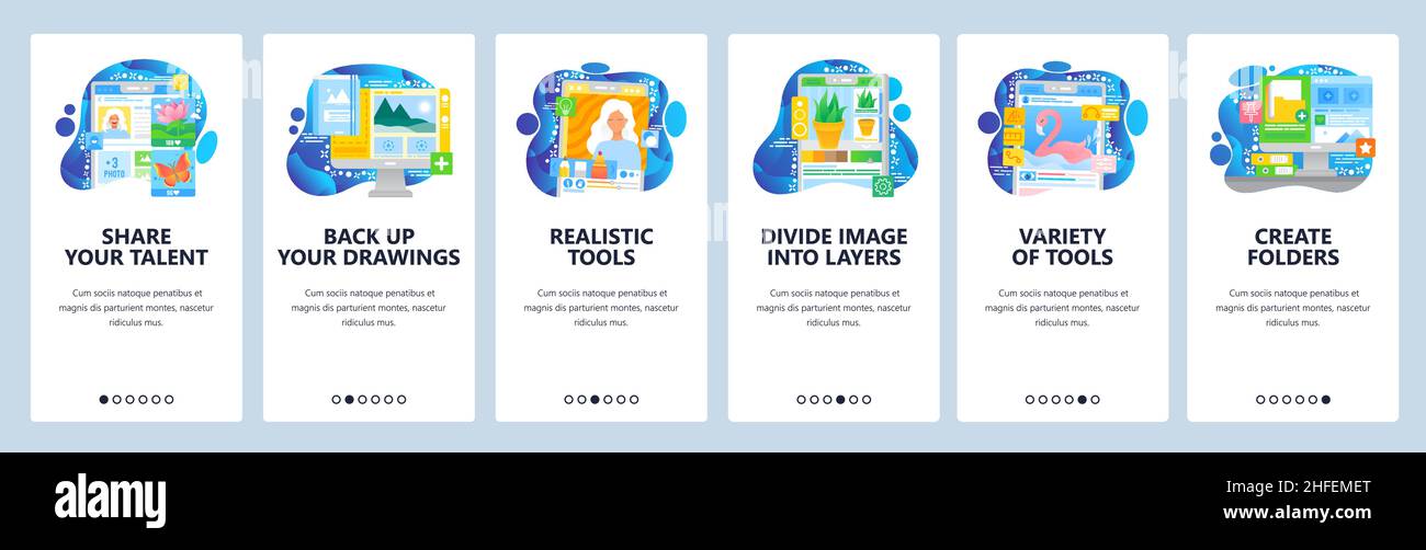 Graphic design and photo editing tools. Paint, draw and share your talent. Female artist. Mobile app screens. Vector banner template for website and Stock Vector