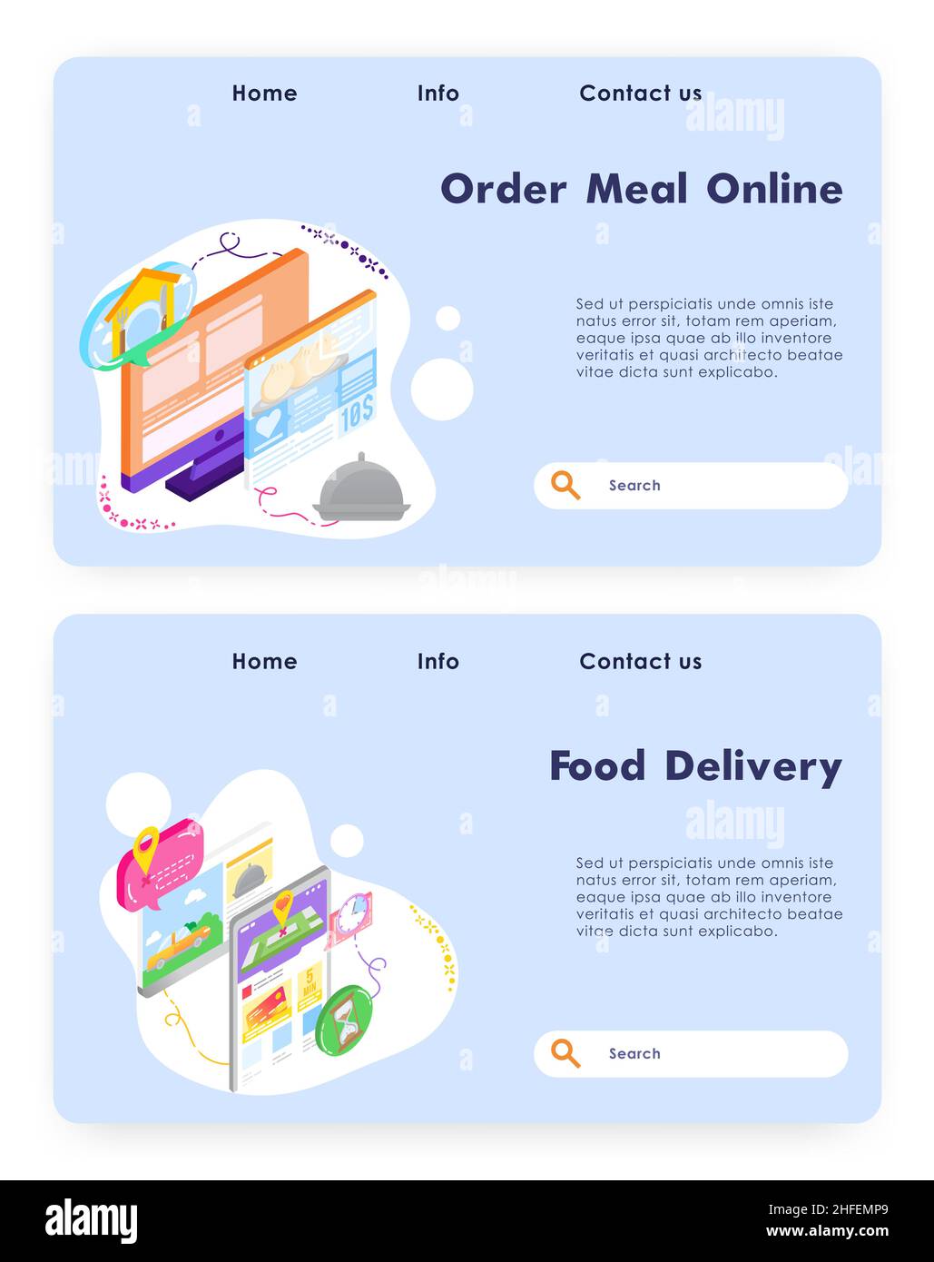 Order meal online. Food fast delivery app. Vector web site design