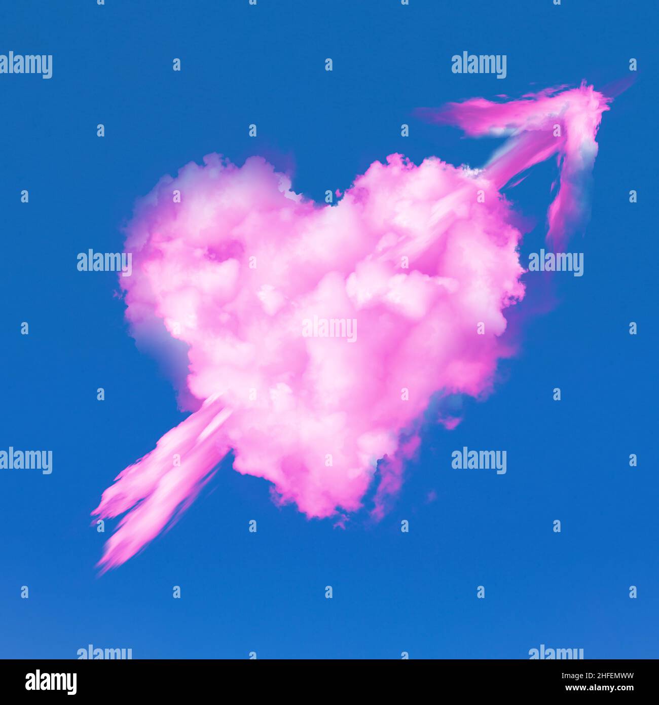 Love heart real pink cloud graphic with arrow on a plain sky blue background. Valentine symbol of romance and affection Stock Photo