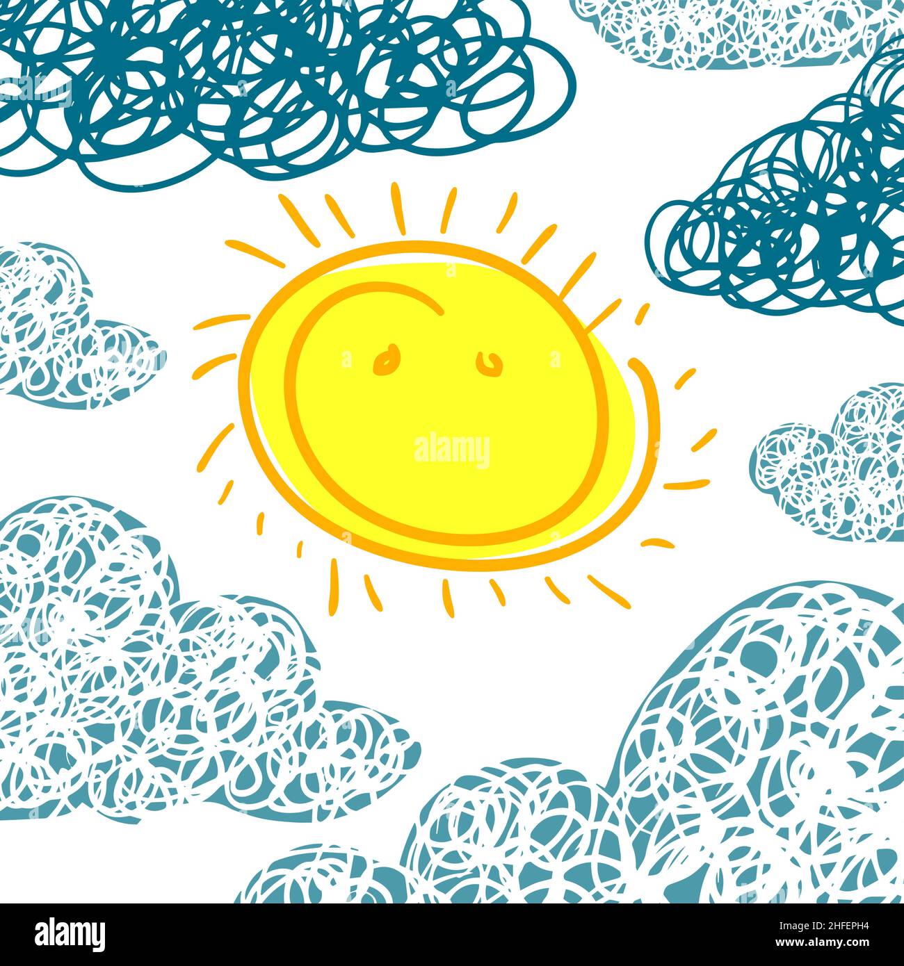 Sun and clouds childish cute drawing. Vector illustration Stock Vector ...