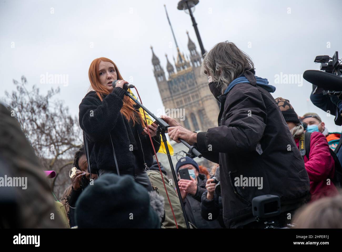 LONDON, UK 15th January 2022. Patsy Stevenson speaks at Kill The Bill protest in London this week as the House of Lords will hear the final reading of the police, crime, sentencing and courts bill Stock Photo
