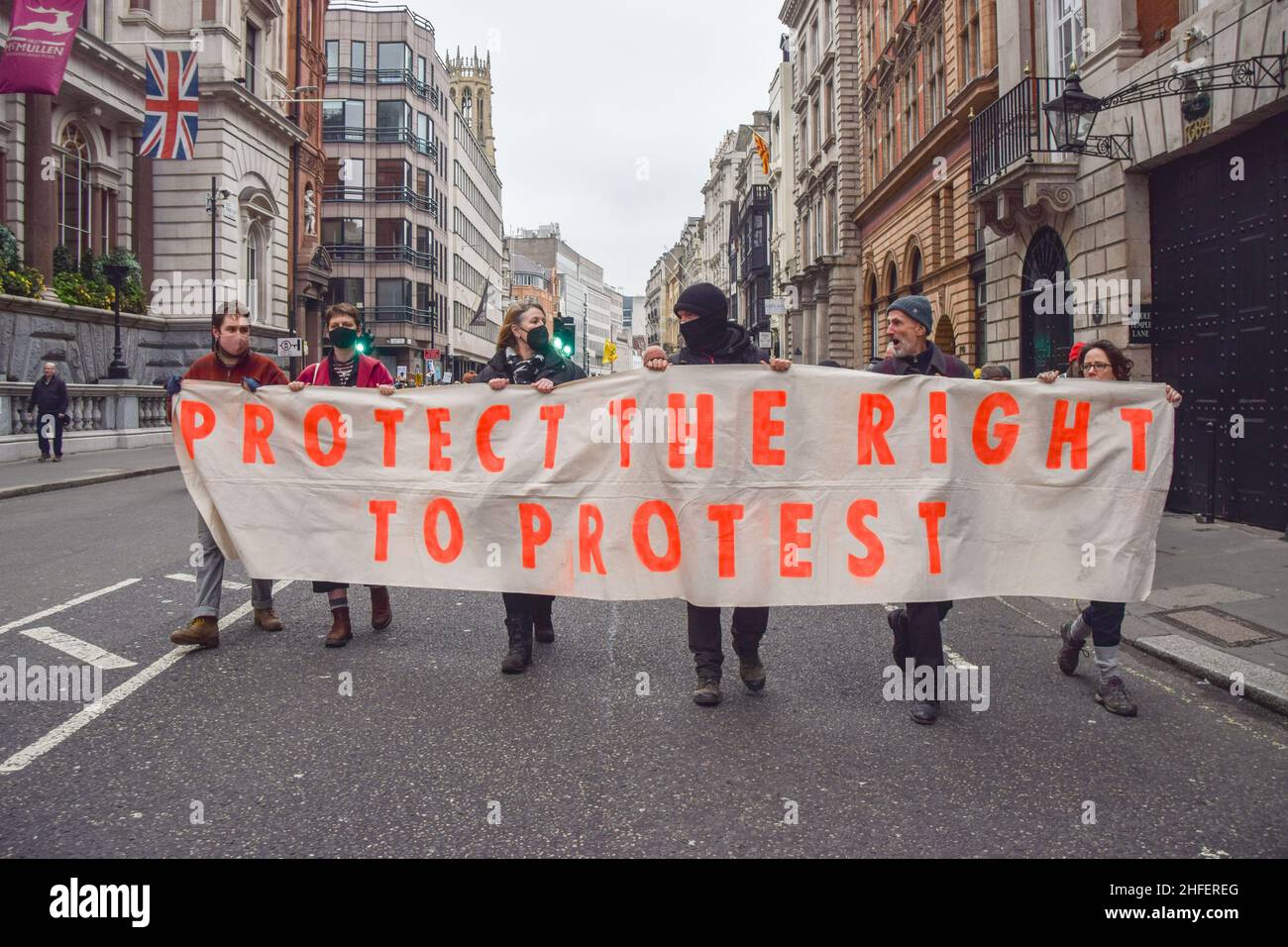 London, UK 15th January 2022. Kill The Bill protesters march on The Strand. Thousands of people marched through central London in protest against the Police, Crime, Sentencing and Courts Bill, which will make many types of protest illegal. Stock Photo