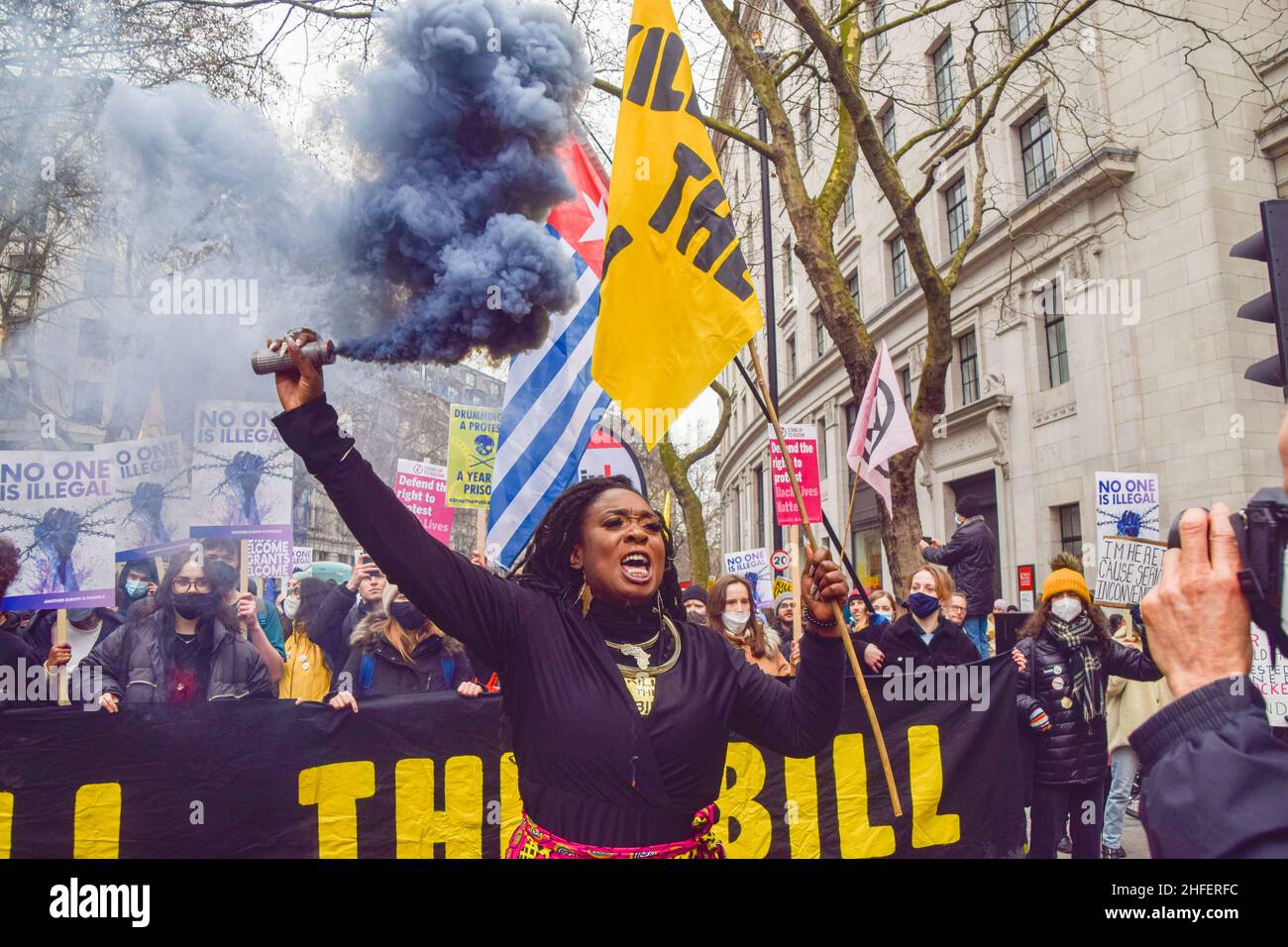 London, UK 15th January 2022. Activist Marvina Newton leads the Kill The Bill march through Aldwych. Thousands of people marched through central London in protest against the Police, Crime, Sentencing and Courts Bill, which will make many types of protest illegal. Stock Photo
