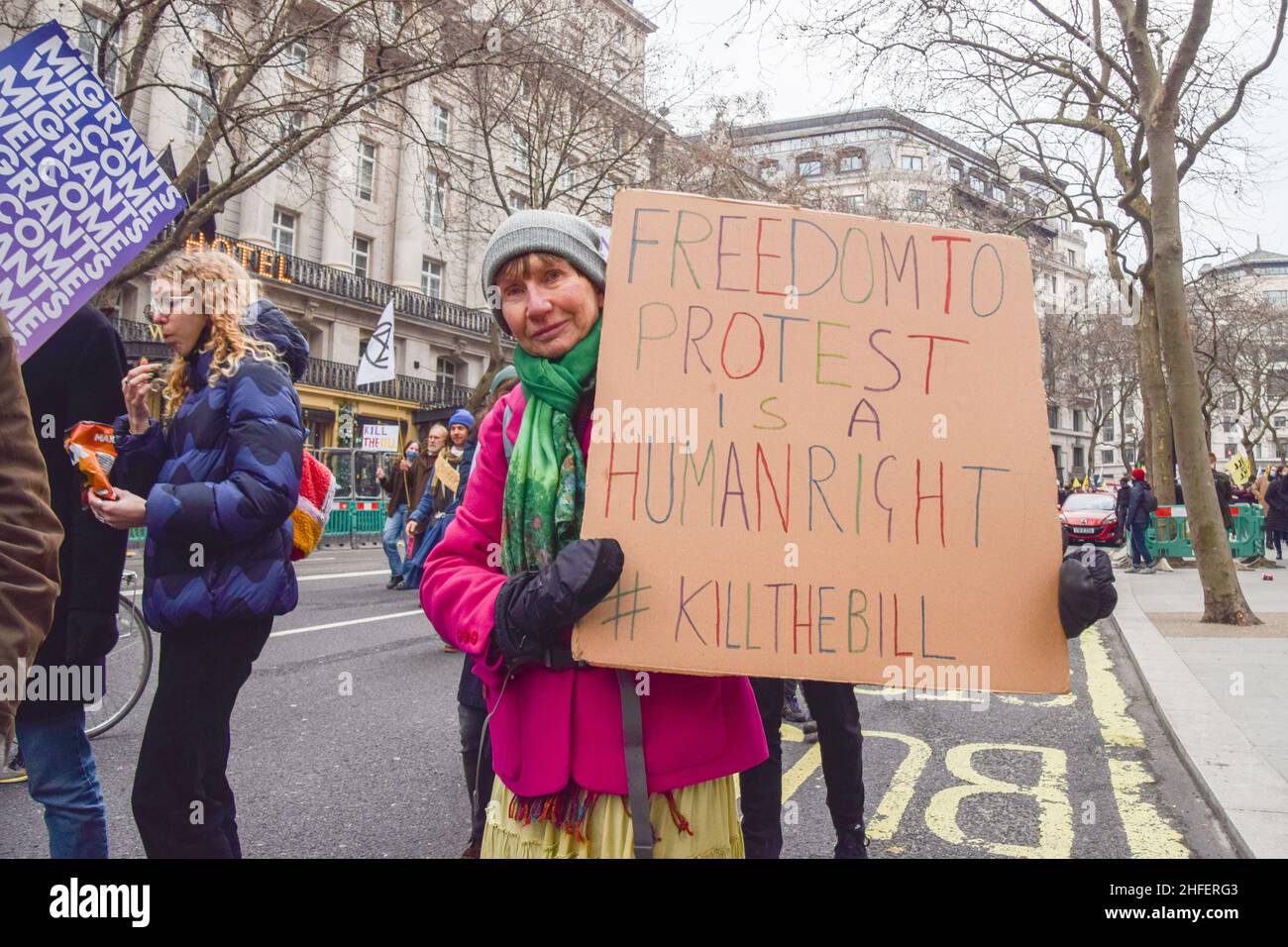 London, UK 15th January 2022. Kill The Bill protesters in Aldwych. Thousands of people marched through central London in protest against the Police, Crime, Sentencing and Courts Bill, which will make many types of protest illegal. Stock Photo