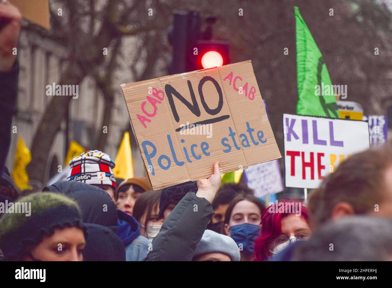 London, UK 15th January 2022. Kill The Bill  protesters on The Strand. Thousands of people marched through central London in protest against the Police, Crime, Sentencing and Courts Bill, which will make many types of protest illegal. Stock Photo