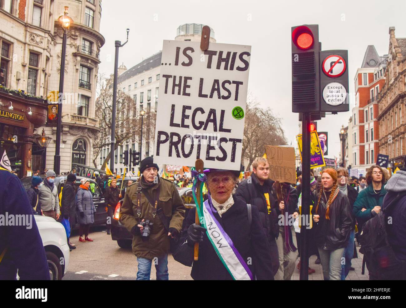 London, UK 15th January 2022. Kill The Bill protesters on The Strand. Thousands of people marched through central London in protest against the Police, Crime, Sentencing and Courts Bill, which will make many types of protest illegal. Stock Photo