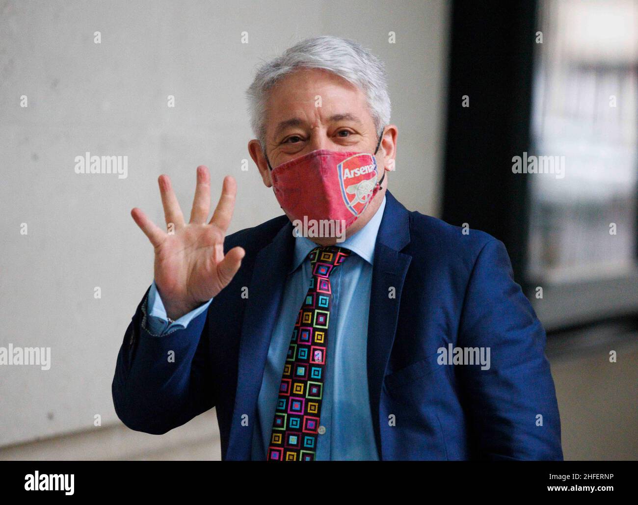 London, UK. 16th Jan, 2022. Former speaker, John Bercow, arrrives at the BBC Studios wearing an Arsenal mask. Bercow was found guilty on 21 counts out of 35 of bullying accused by 3 former members of staff Credit: Mark Thomas/Alamy Live News Stock Photo