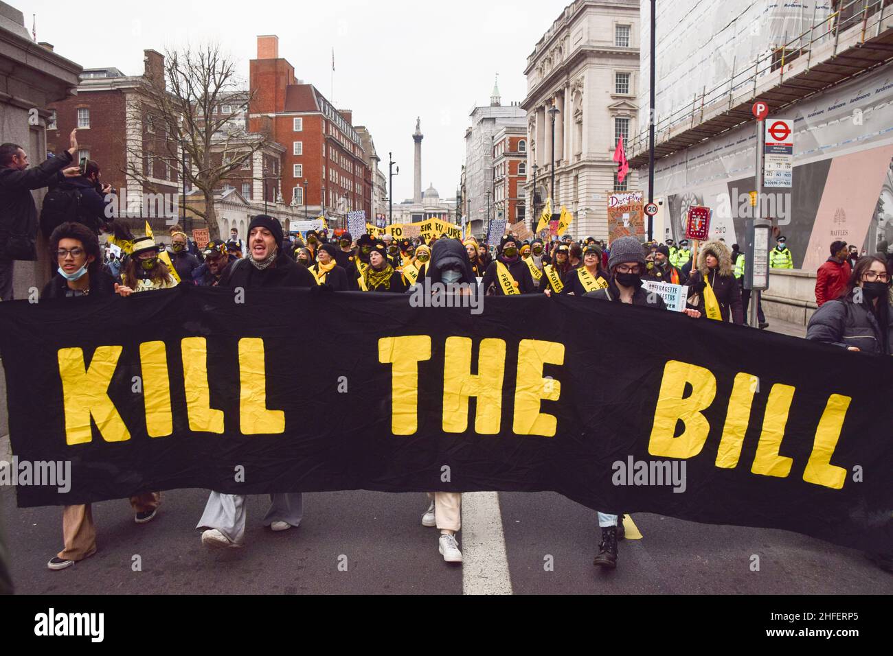 London, UK 15th January 2022. Protesters carry a 'Kill The Bill' banner in Whitehall. Thousands of people marched through central London in protest against the Police, Crime, Sentencing and Courts Bill, which will make many types of protest illegal. Stock Photo