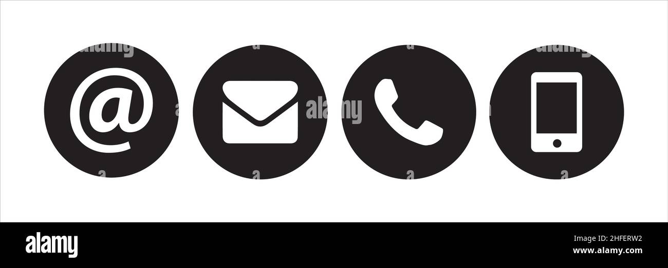 Contact icons buttons set on white background. Retro phone, mail, at ...