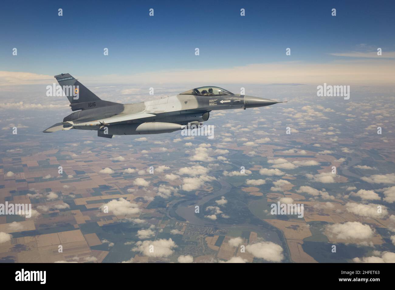 Bucharest, Romania - July 2, 2021: Romanian Air Force F16 Fighting Falcon multirole fighter aircraft at an air policing exercise. Stock Photo