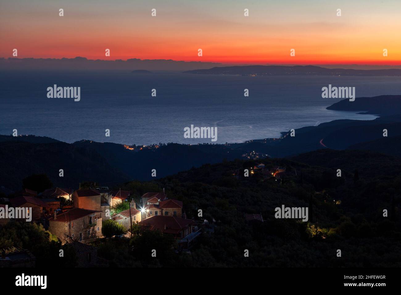 Beautiful after sunset view of Messinia Gulf, from the mountainous village of Tseria, in the famous Mani region, in Peloponnese, Greece, Europe Stock Photo