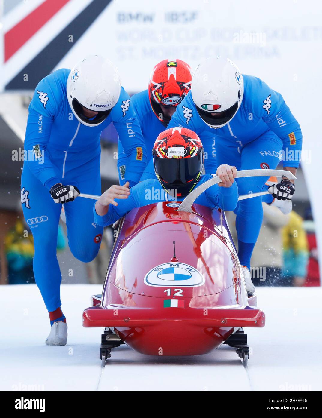 Bobsleigh - Bob & Skeleton World Cup and IBSF European Championships - Saint-Moritz, Switzerland - January 16, 2022 Italy's Patrick Baumgartner, Costantino Ughi, Alex Verginer and Lorenzo Bilotti in action during the Four-Man Bobsleigh REUTERS/Arnd Wiegmann Stock Photo
