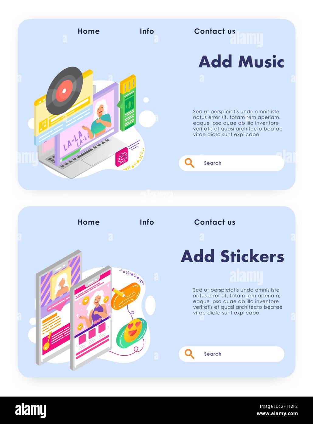 Music karaoke. Vinyl disk. Girl uses stockers and smiles in online video chat. Vector web site design template. Landing page website concept Stock Vector