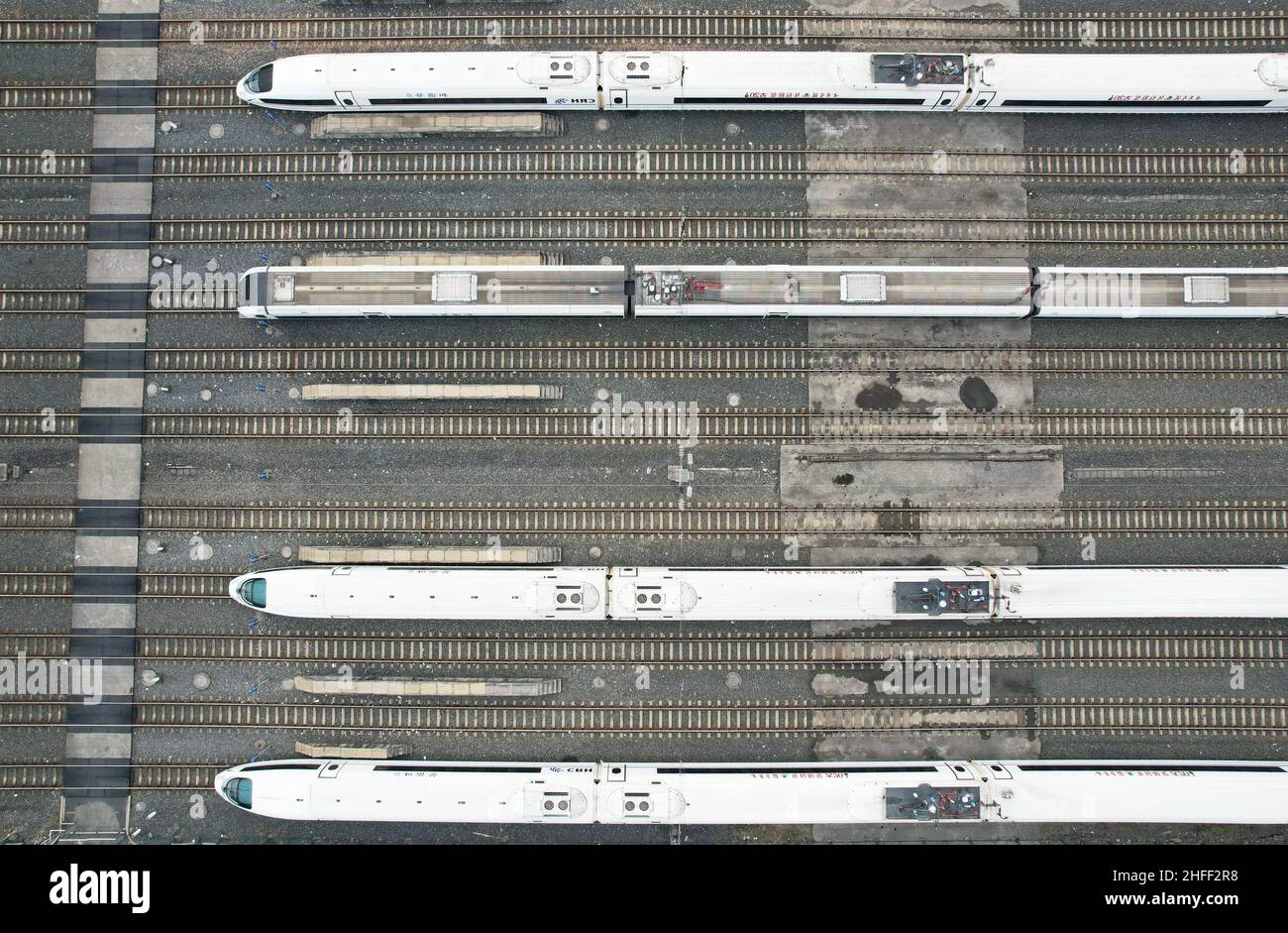 HANGZHOU, CHINA - JANUARY 16, 2022 - An aerial view shows the completion of maintenance of bullet trains for the upcoming 2022 Spring Festival Travel Stock Photo