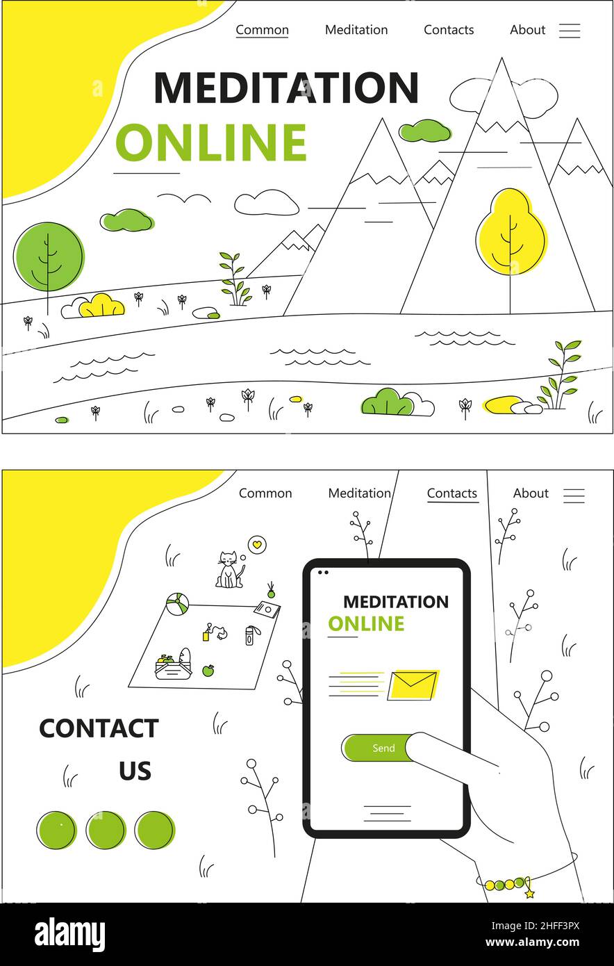 Nature landscape. Outdoor travel and camping. Hand holding phone. Picnic in a park. Vector web site design template. Landing page website concept Stock Vector