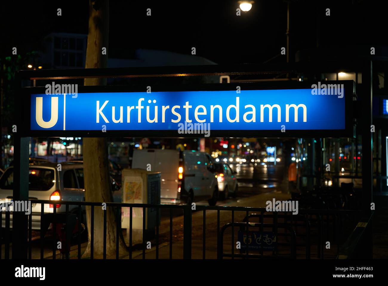 Entrance to Kurfürstendamm subway in Berlin in the evening Stock Photo