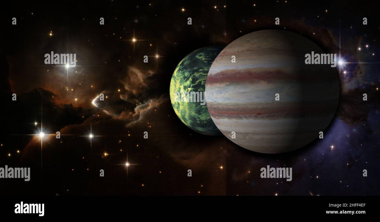 Jupiter planet and one of its moon in space. Elements of this image furnished by NASA. Stock Photo
